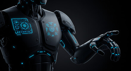 Sleek dark robot with glowing blue holographic displays on its chest and arm, symbolizing artificial intelligence, futuristic technology, or data interaction