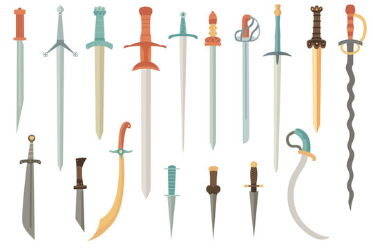 A colorful flat illustration set of various historical swords and daggers. Includes double-edged longswords, scimitars, seax, sabres, flamberge, and other classic blade types. 