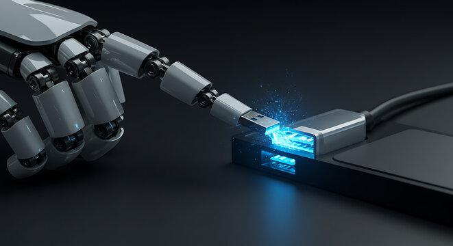 Robotic hand plugging a glowing blue USB connector into a device, symbolizing data transfer, futuristic connectivity, or artificial intelligence interacting with hardware