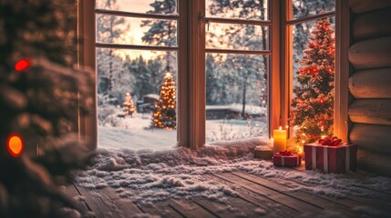 Cozy Christmas scene through a window