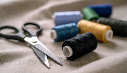 Close-up of scissors and colored thread spools on neutral cloth or fabric. Craft setup, shallow depth of field, soft daylight. Clean, handmade look.