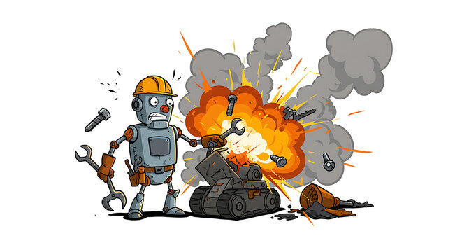 Cartoon construction robot looking dismayed as its creation explodes, symbolizing project failure, technical difficulty, or humorous engineering mishaps.