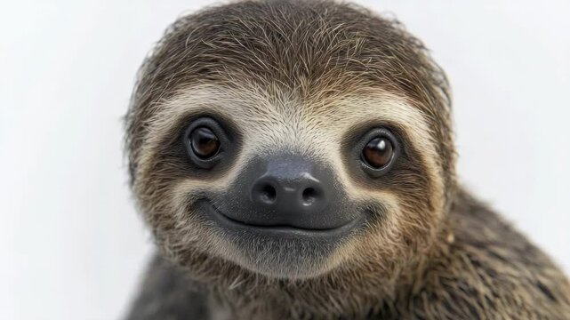 Smiling sloth looking directly at camera, conveying a sense of joy and friendliness.