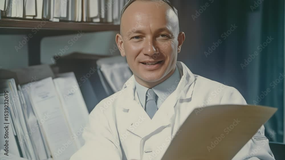Poster a male scientist in a lab coat deeply engrossed in a document, possibly analyzing data or studying r