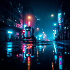 Autonomous delivery robot on a rain-slicked city street at night, reflecting neon lights, symbolizing future logistics, urban technology, or automated services.