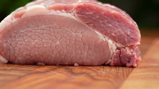 Close-up shot of a fresh pork loin roast on a wooden cutting board with a focus on the texture and marbling, showcasing its quality and suitability for culinary preparations, vibrant colors.