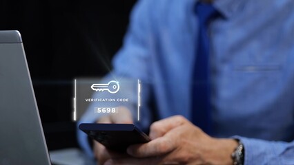 Businessman Using Smartphone With Holographic Verification Code. Two-Factor Authentication (2FA) Concept. Graphic