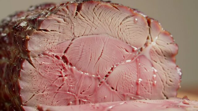 Close-up of carving a holiday ham roast: Slicing through a glazed ham revealing the tender pink meat and juicy texture on a wooden cutting board, perfect for food lovers and cooking content