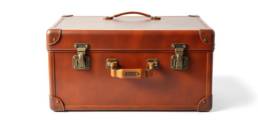A vintage-style brown suitcase with metal clasps and handles, isolated on white,   airport,  leather