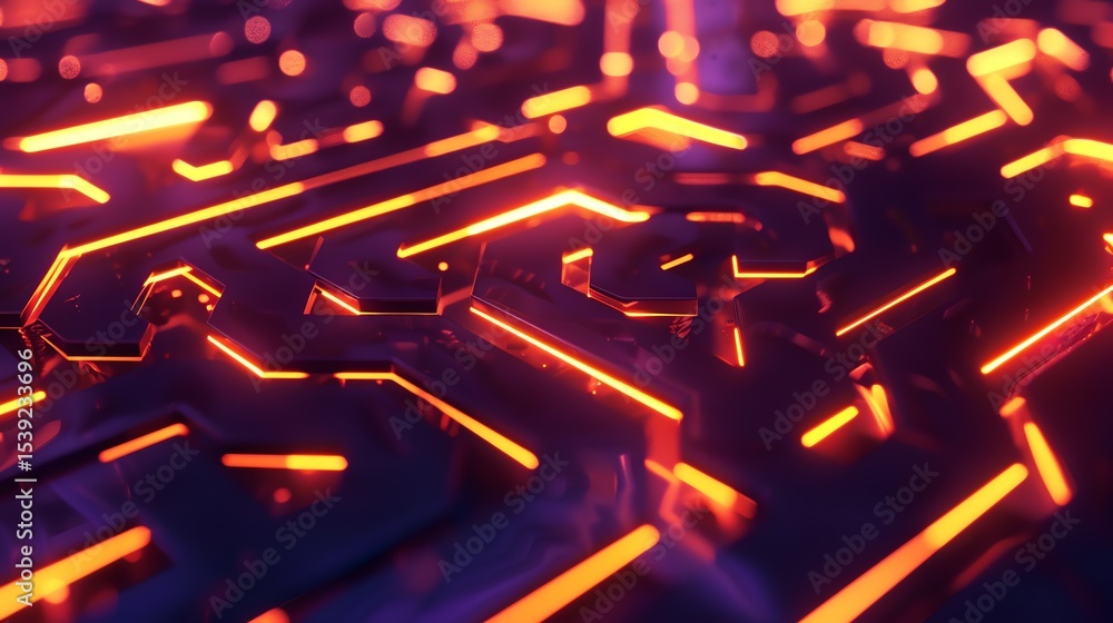 Poster 3d rendering of a futuristic hexagonal surface with glowing orange lines.
