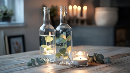 Empty wine bottles, lit candles, eucalyptus