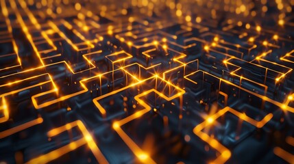 Fototapeta premium 3D rendering of an abstract technological background with glowing orange lines and squares.