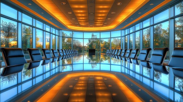 Conference room with a long reflective table surrounded by chairs and large windows overlooking trees