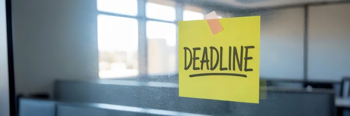 Crooked yellow sticky note marked “deadline” on office glass – Great for project management visuals, stress awareness content, or work environment campaigns