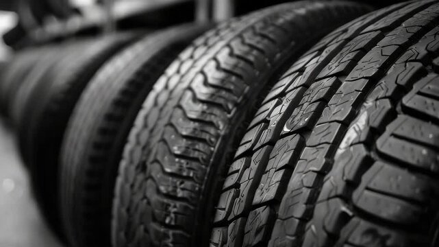 Pile of new, unused automobile tires stacked together in a warehouse setting