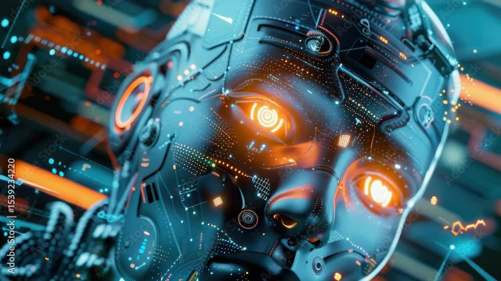 Poster a robot with glowing eyes and a black face. the robot is surrounded by a colorful background. the co