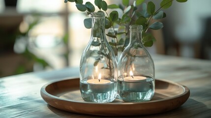 Candles in glass bottles, eucalyptus