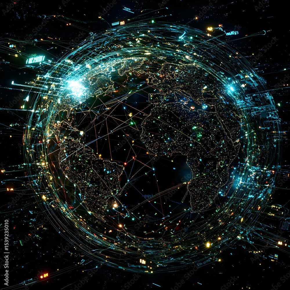 Poster digital earth globe with glowing network connections and data streams in a dark space background