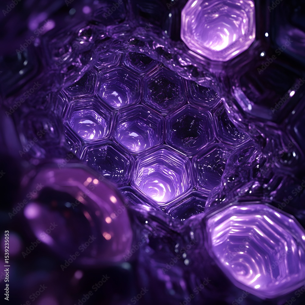 Poster abstract purple honeycomb structure with glowing lights in a dark environment creating depth
