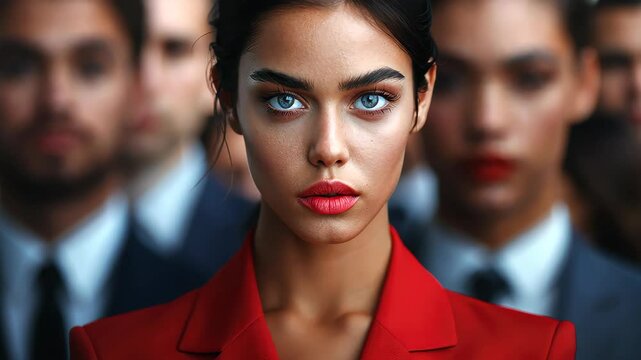 Confidence in Focus: A poised woman commands attention at the forefront, her unwavering gaze challenging the viewer while leading a dynamic team, creating a captivating sense of empowerment.