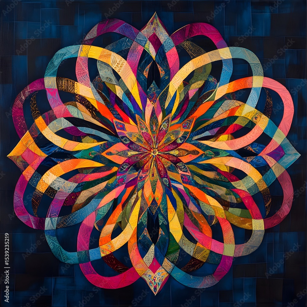 Poster a vibrant and intricate floral design with overlapping loops on a dark blue textured background