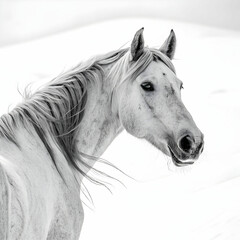 horse looking back in front of white surface