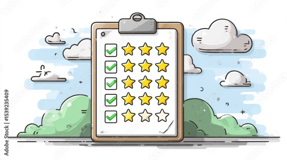 Poster achievement reward illustration of a checklist with star ratings and checkmarks against a backdrop o