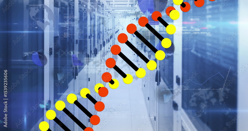 Poster displaying stylized double helix graphic spanning server corridor with server racks and led lights
