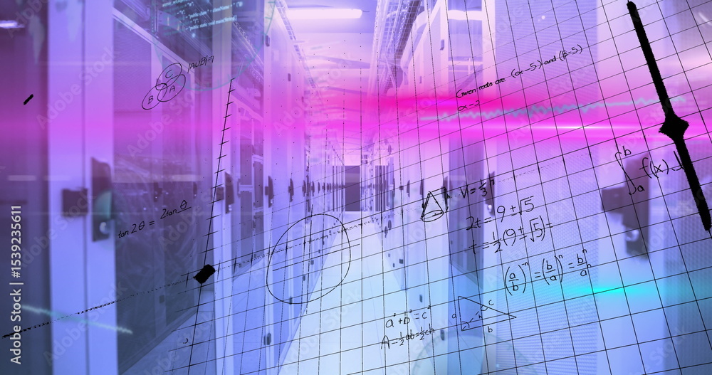 Poster showcasing server rack aisle in data center under bluish lighting with blinking leds, grid overlay