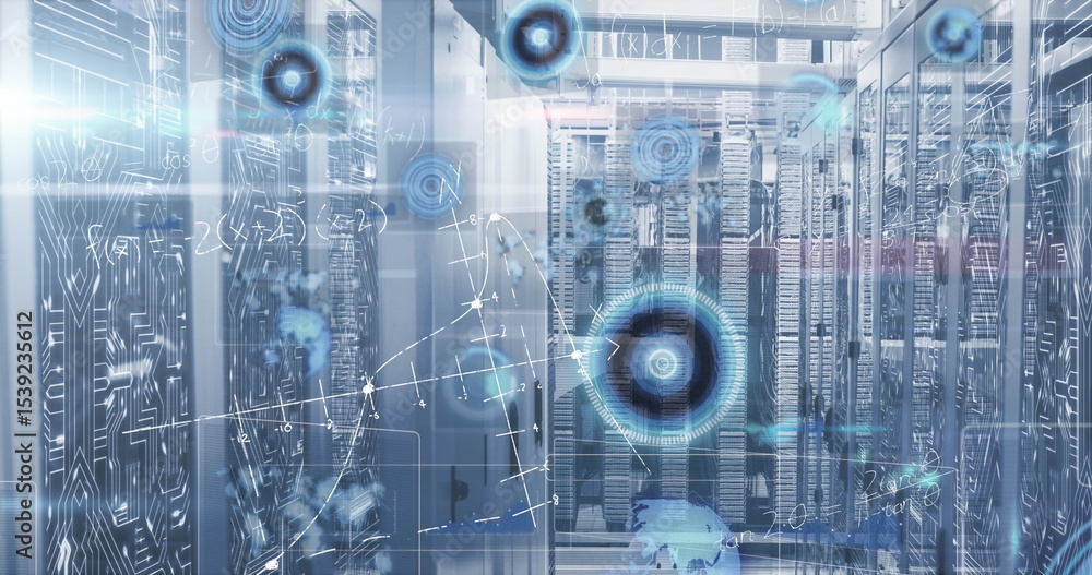 Poster Showing central server racks streaming data graphs with blinking LEDs in data center, network nodes