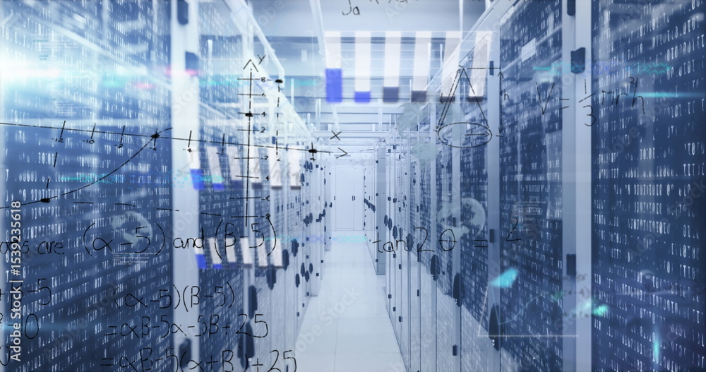 Poster showing data center aisle flowing with binary and math overlays, with glass-door server racks