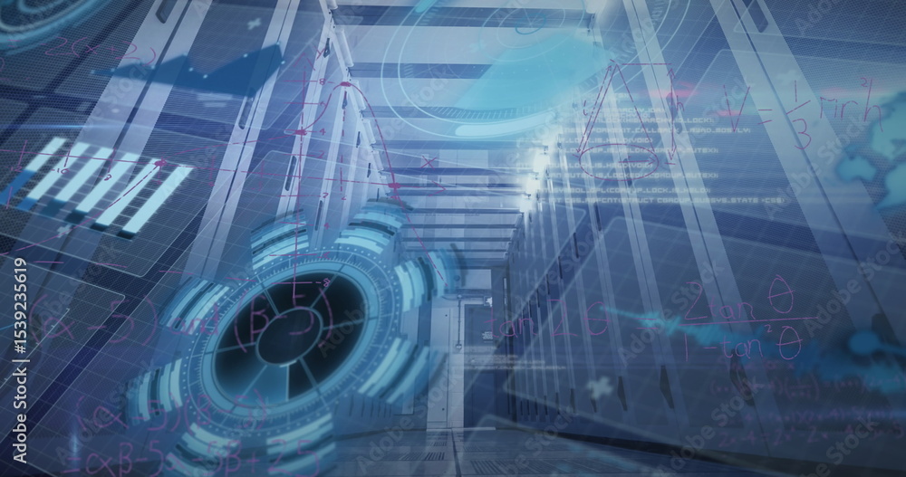 Poster displaying holographic interface floating inside data corridor, with server racks and led lights