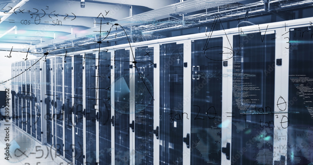 Aufkleber glowing server cabinets flashing leds in data center aisle, showing floating equations and cables
