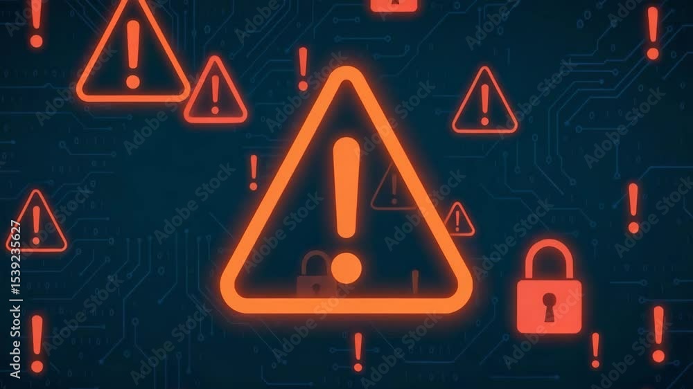 Poster a digital illustration showcasing multiple warning signs against a dark, tech-inspired background, e