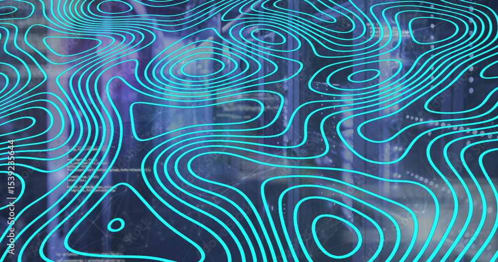 Poster abstract teal contour pattern shifting in data visualization, with blurred code and node symbols