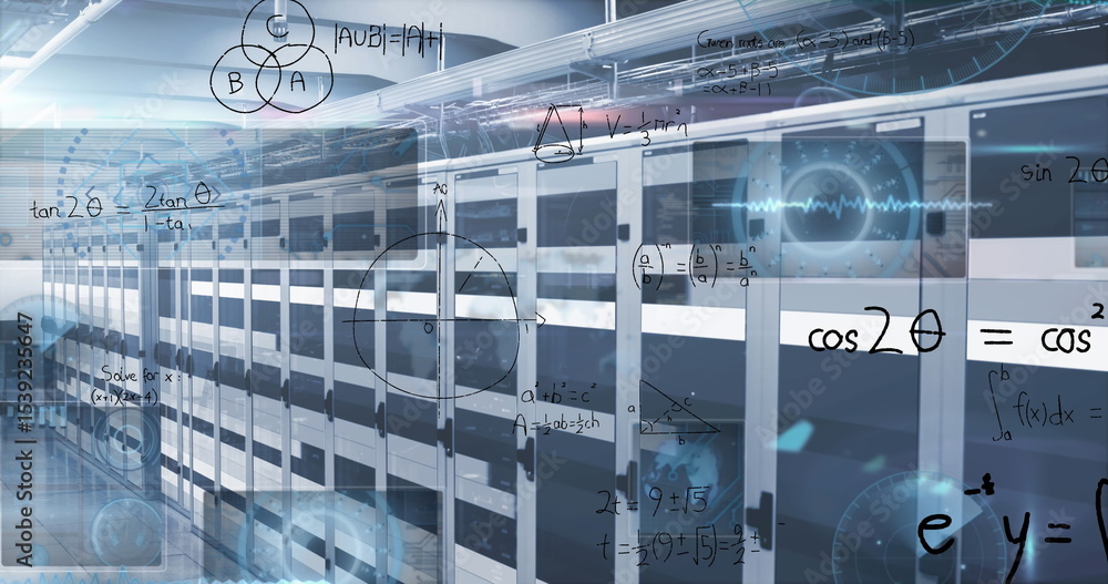 Poster extending server cabinets reflecting lights in data center corridor, with math formulas overlaying