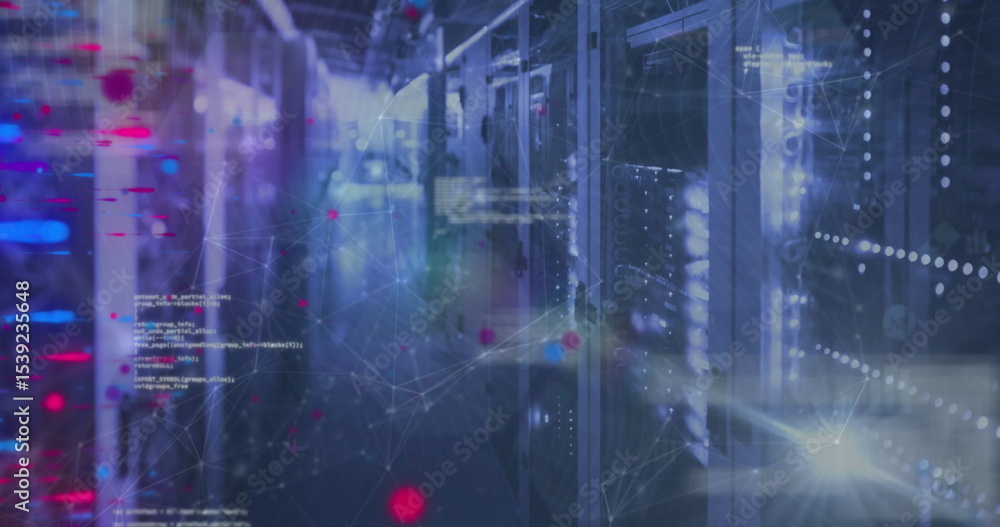 Poster flickering rack-mounted server leds lighting data center aisle with floating network code diagrams