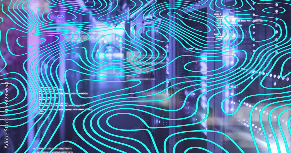Aufkleber displaying cyan contour lines over blurred server racks and equipment, with glowing code displays