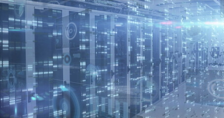 Streaming holographic overlays across server racks in data center corridor, with blinking LEDs