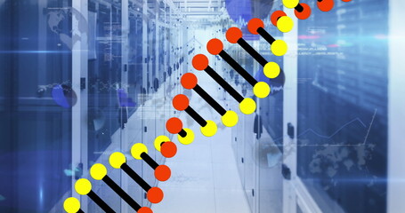 Displaying stylized double helix graphic spanning server corridor with server racks and LED lights