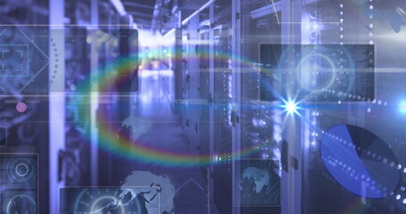 Glowing server cabinets forming narrow data center corridor, displaying holographic UI elements