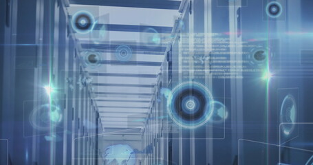 Extending server racks lining data center aisle, with patch cables and holographic UI elements