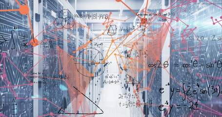 Showing data center aisle hosting server racks, with network cables, LEDs, geometric, trig overlays