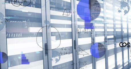 Glass-front rack door featuring metallic handle in data center corridor, with equation overlays