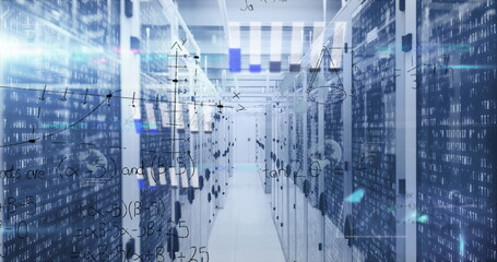 Showing data center aisle flowing with binary and math overlays, with glass-door server racks