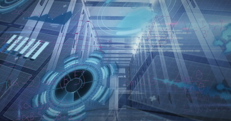 Displaying holographic interface floating inside data corridor, with server racks and LED lights