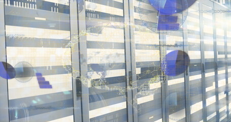 Glowing metal server racks humming in secure data center corridor, with digital world map overlay
