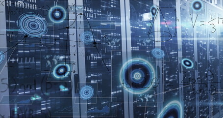 Streaming data analytics on glowing server cabinets in server room aisle, with holographic overlays