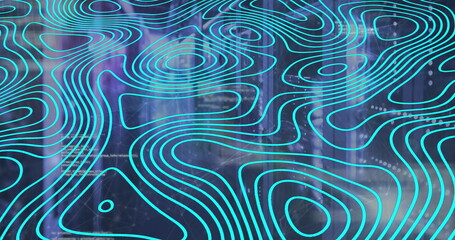 Abstract teal contour pattern shifting in data visualization, with blurred code and node symbols