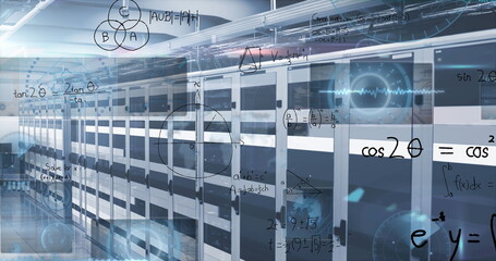 Extending server cabinets reflecting lights in data center corridor, with math formulas overlaying